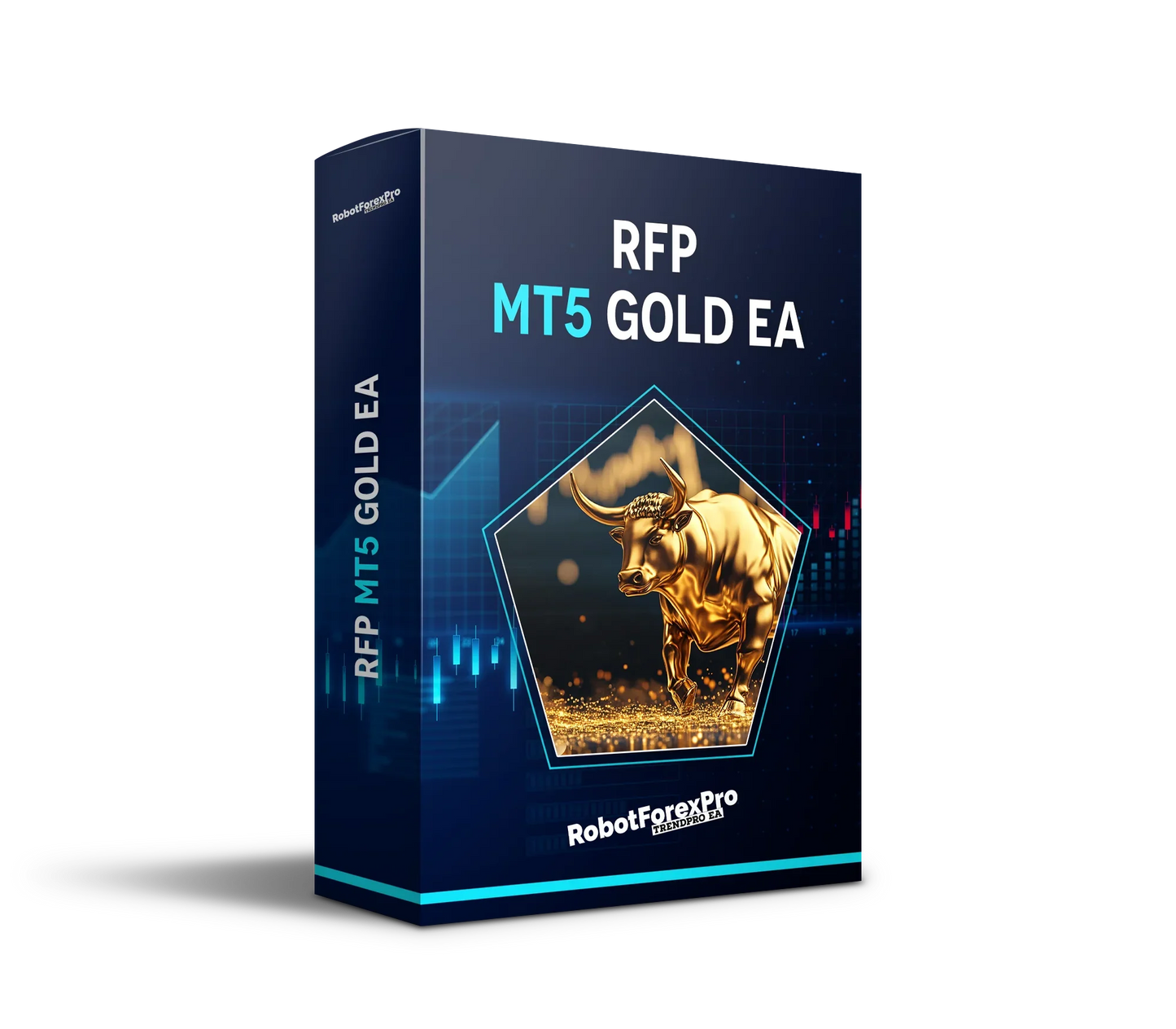 RFP MT5 Gold EA forex trading software box with golden bull and trading chart graphics
