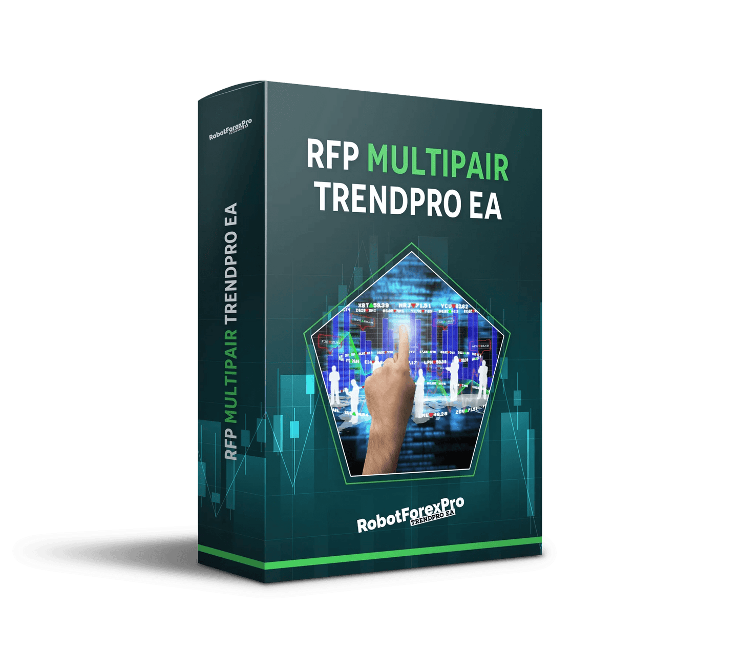 TrendPro EA Robot Forex Pro software box with MultiPair trading algorithm and financial charts