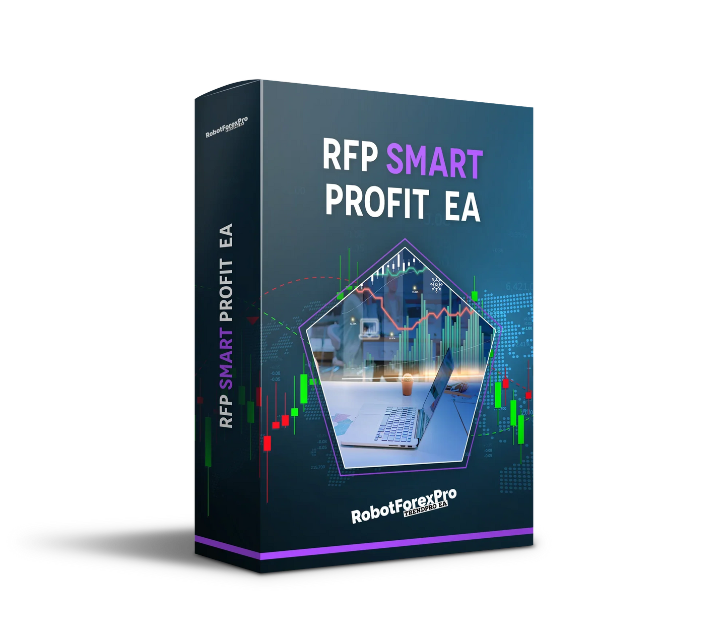 RobotForex Pro TrendPro EA software box featuring SmartProfit trading analytics and market charts