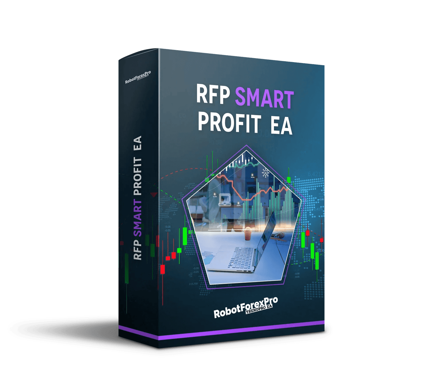RobotForex Pro TrendPro EA software box featuring SmartProfit trading analytics and market charts