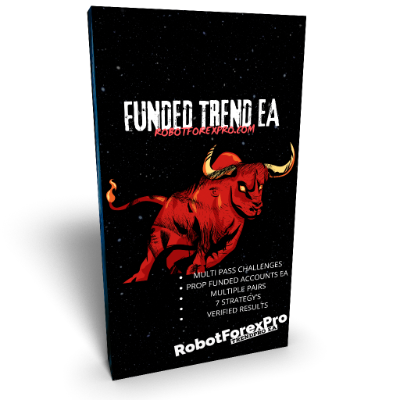 Box of Funded Trend EA Forex Expert Advisor for MT4 terminals, tailored for prop firm funded accounts, featuring a red bull illustration.