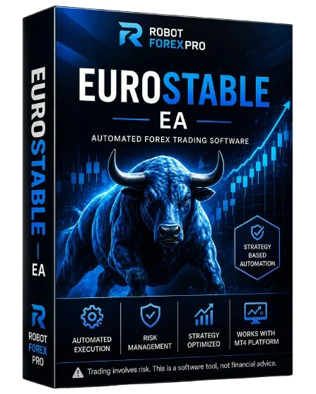 EuroStable EA automated Forex trading software box with bullish blue bull and strategy icons