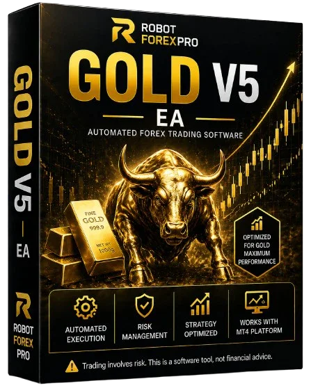 Gold V5 Forex EA software box with bull, gold bars, and trading chart graphics