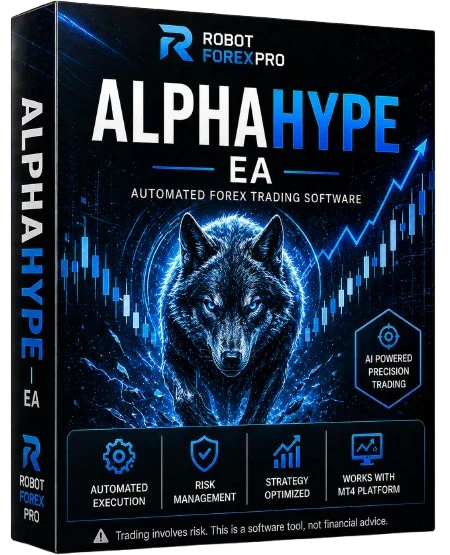Forex EA software box with wolf graphic, trading chart, and automated trading features highlighted