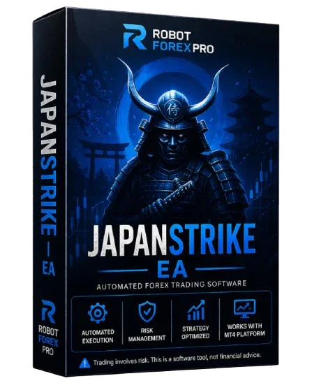 JapanStrike EA Forex robot software box featuring a samurai warrior, MT4 trading solution