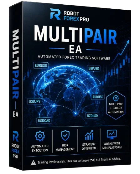 Multipair Forex EA software box with global map, trade pairs, and automation icons