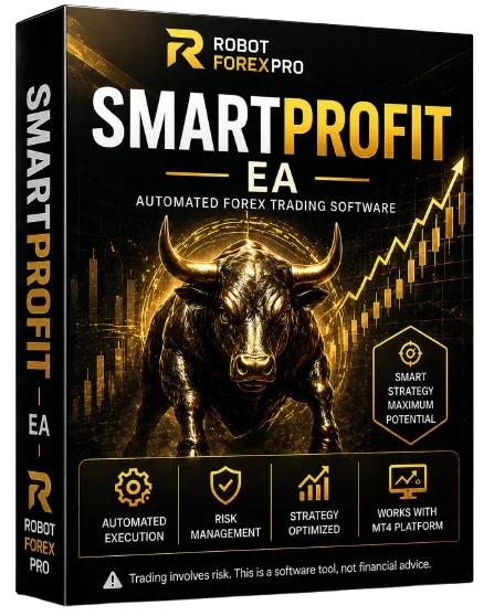 Forex EA software box with golden bull, upward graph, and trading automation icons