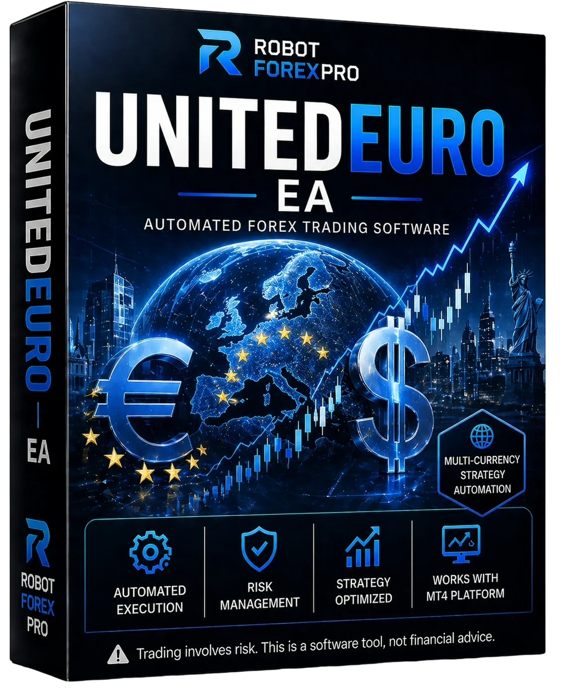 RobotForexPro United Euro EA automated forex trading software box with euro and dollar symbols
