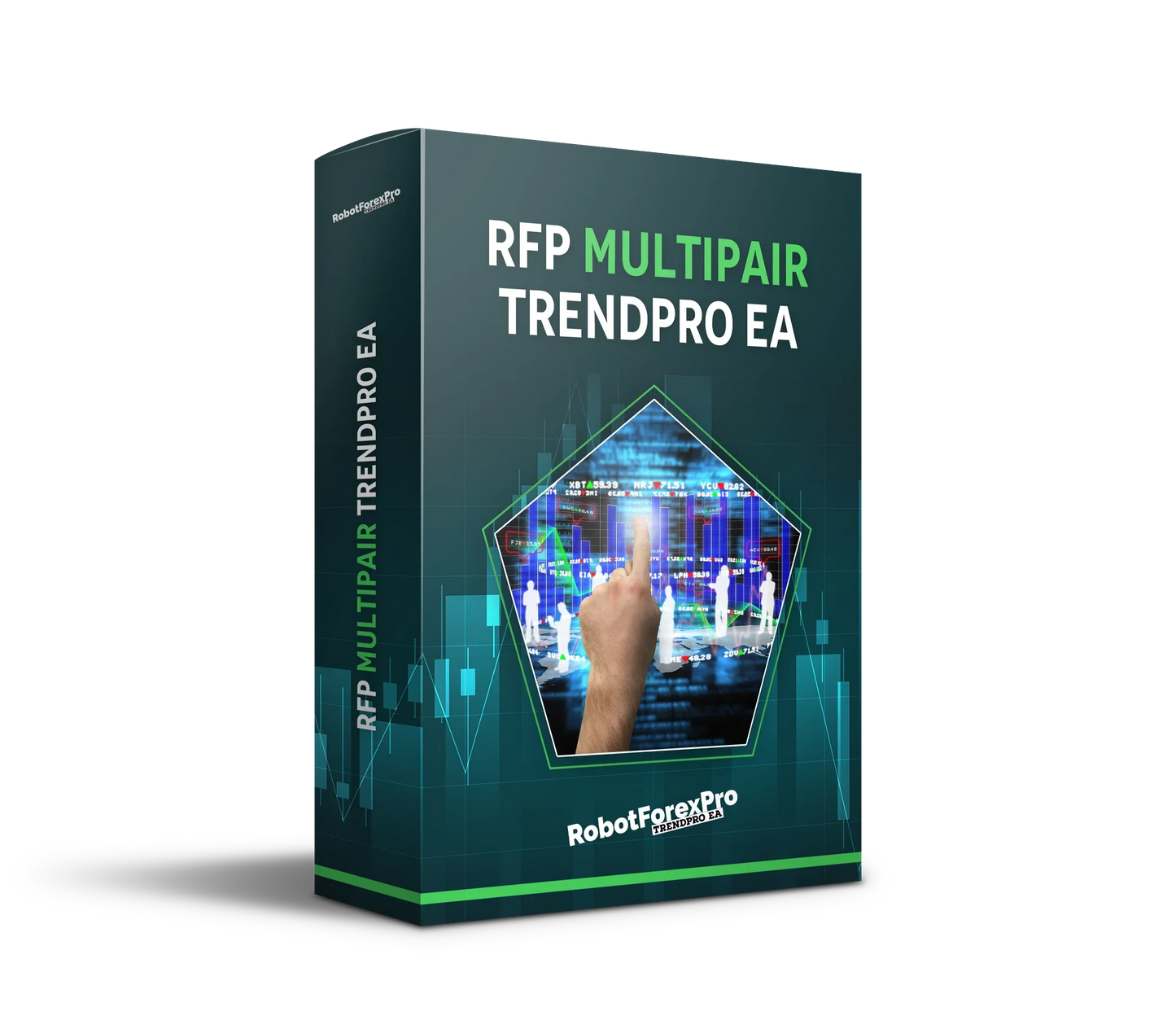 TrendPro EA Robot Forex Pro software box with MultiPair trading algorithm and financial charts