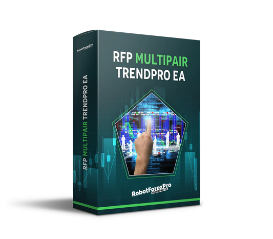 TrendPro EA Robot Forex Pro software box with MultiPair trading algorithm and financial charts