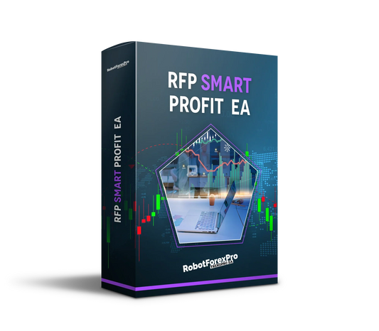 RobotForex Pro TrendPro EA software box featuring SmartProfit trading analytics and market charts
